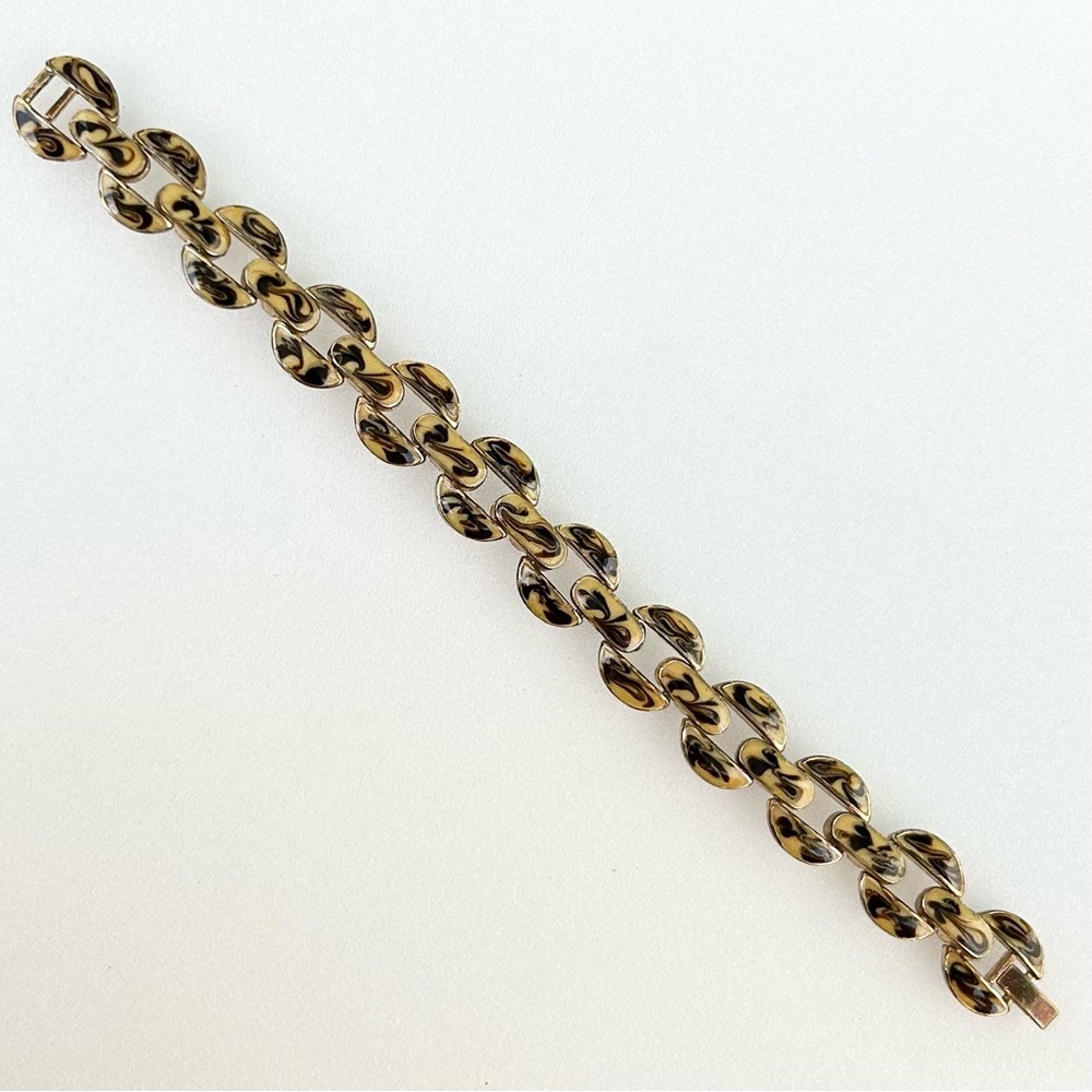 Vintage Rounded Tank Link Bracelet with Hand Painted Swirl Enamel 7.5”